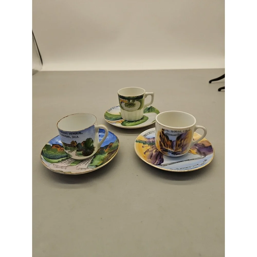Miniature Mini Tea Cup Saucer Lot Of 3 Souvenir Oklahoma Colorado Smoky Mountain
